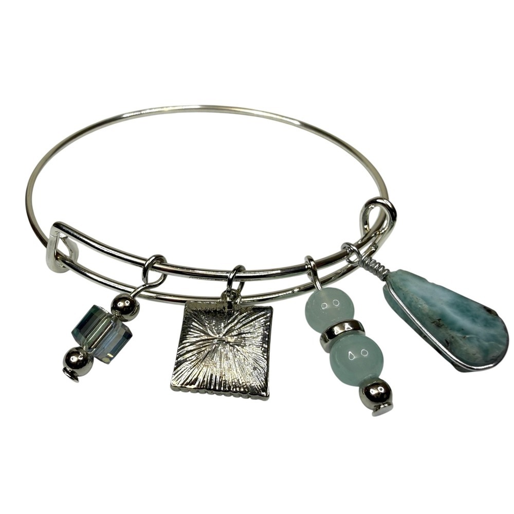 Fashion Bangle Bracelet Larimar Gemstone & Crystal Charm Silver Tone Expandable